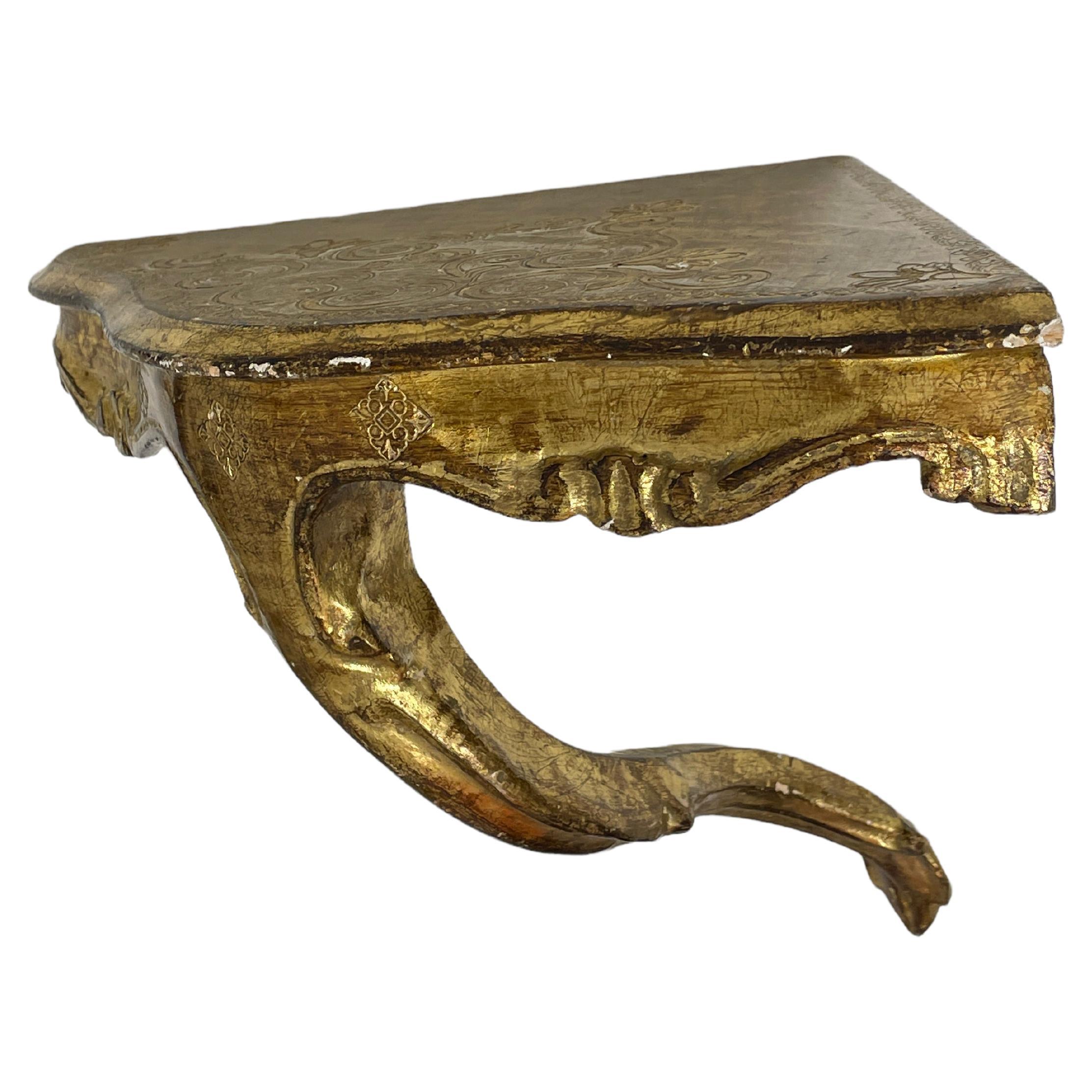 Vieille console d'angle murale Florence, bois sculpté et doré, style florentin