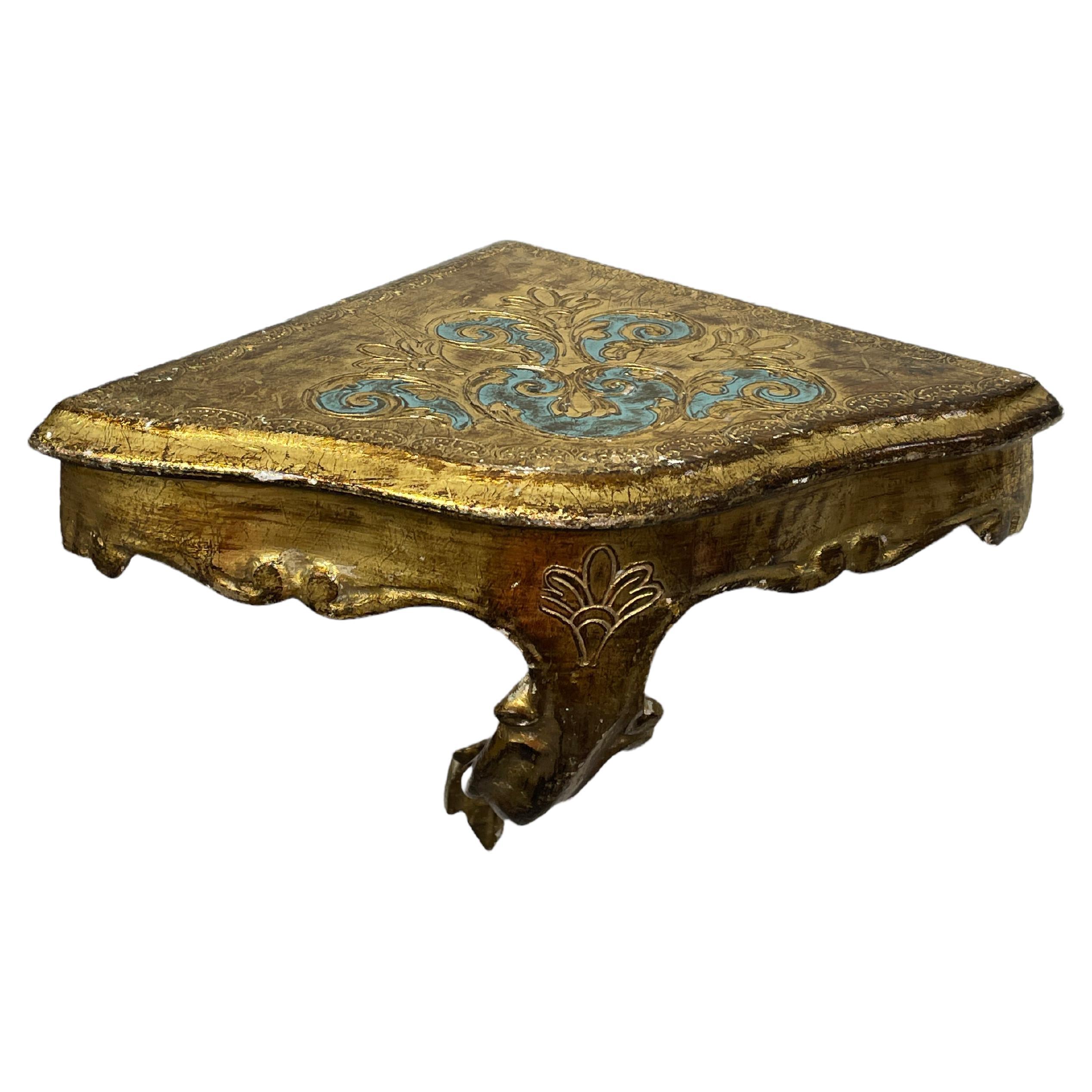 Vintage Florence Wall Corner Shelf Console, Gilded Carved Wood, Florentine Style For Sale