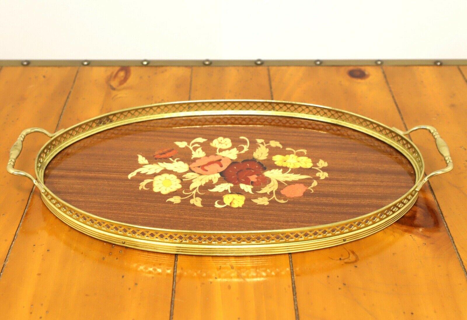 Vintage Florentia Marquetry Drink Tray with Brass Rim For Sale 1
