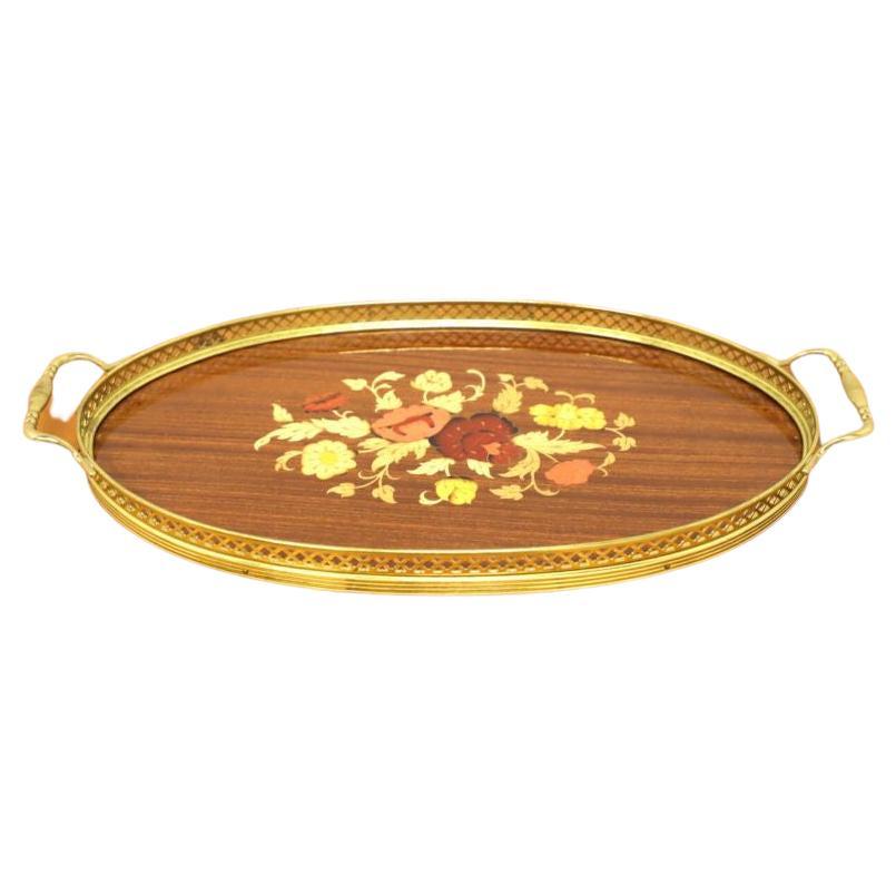 Vintage Florentia Marquetry Drink Tray with Brass Rim For Sale
