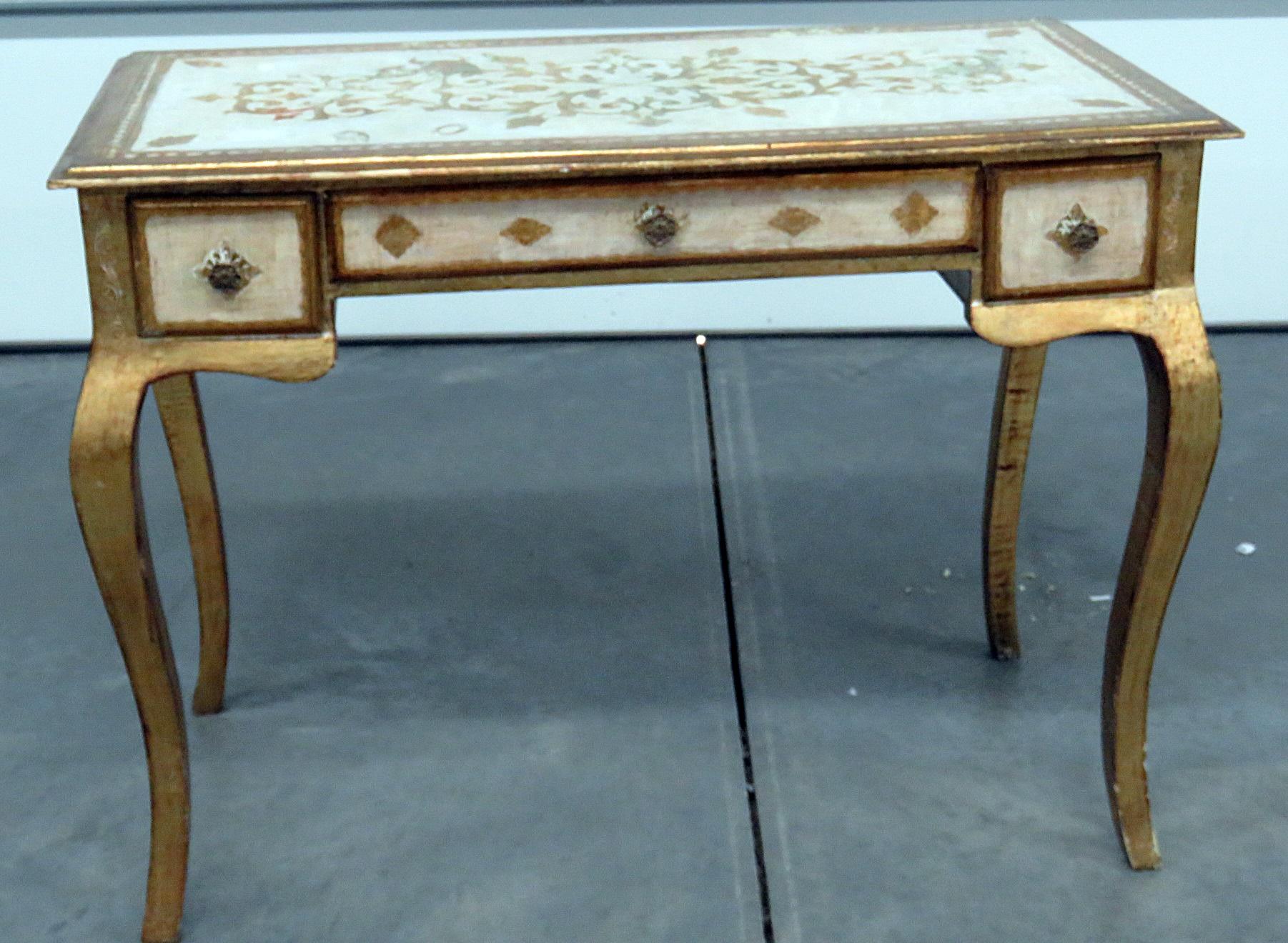 Vintage Florentine distressed painted 3 drawer writing desk.
