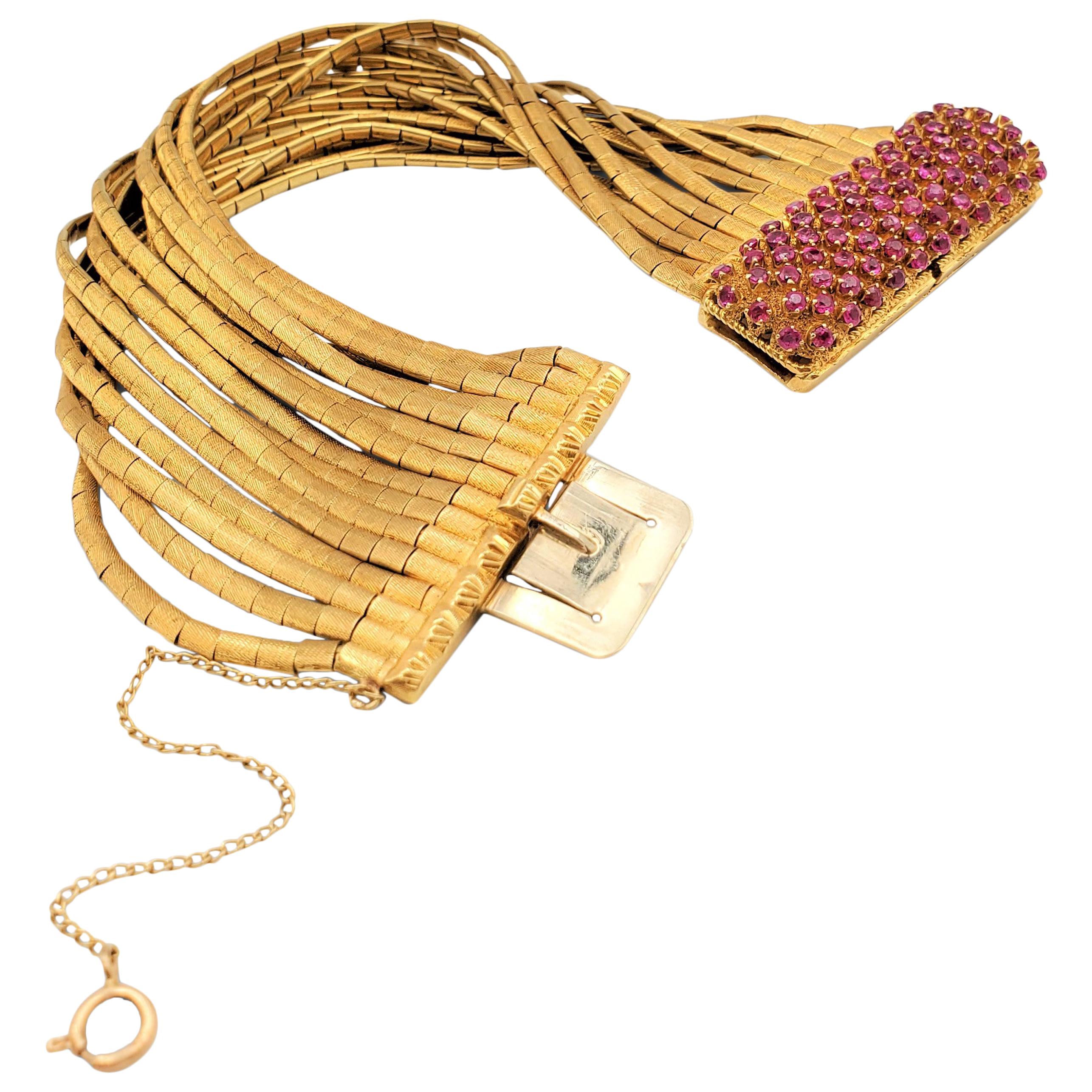 Vintage Florentine Finish Gold and Ruby Multi-Strand Spaghetti Link Bracelet