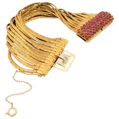 Vintage Florentine Finish Gold and Ruby Multi-Strand Spaghetti Link Bracelet