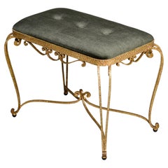 Vintage Florentine Gilt Iron Upholstered Rectanguar Bench