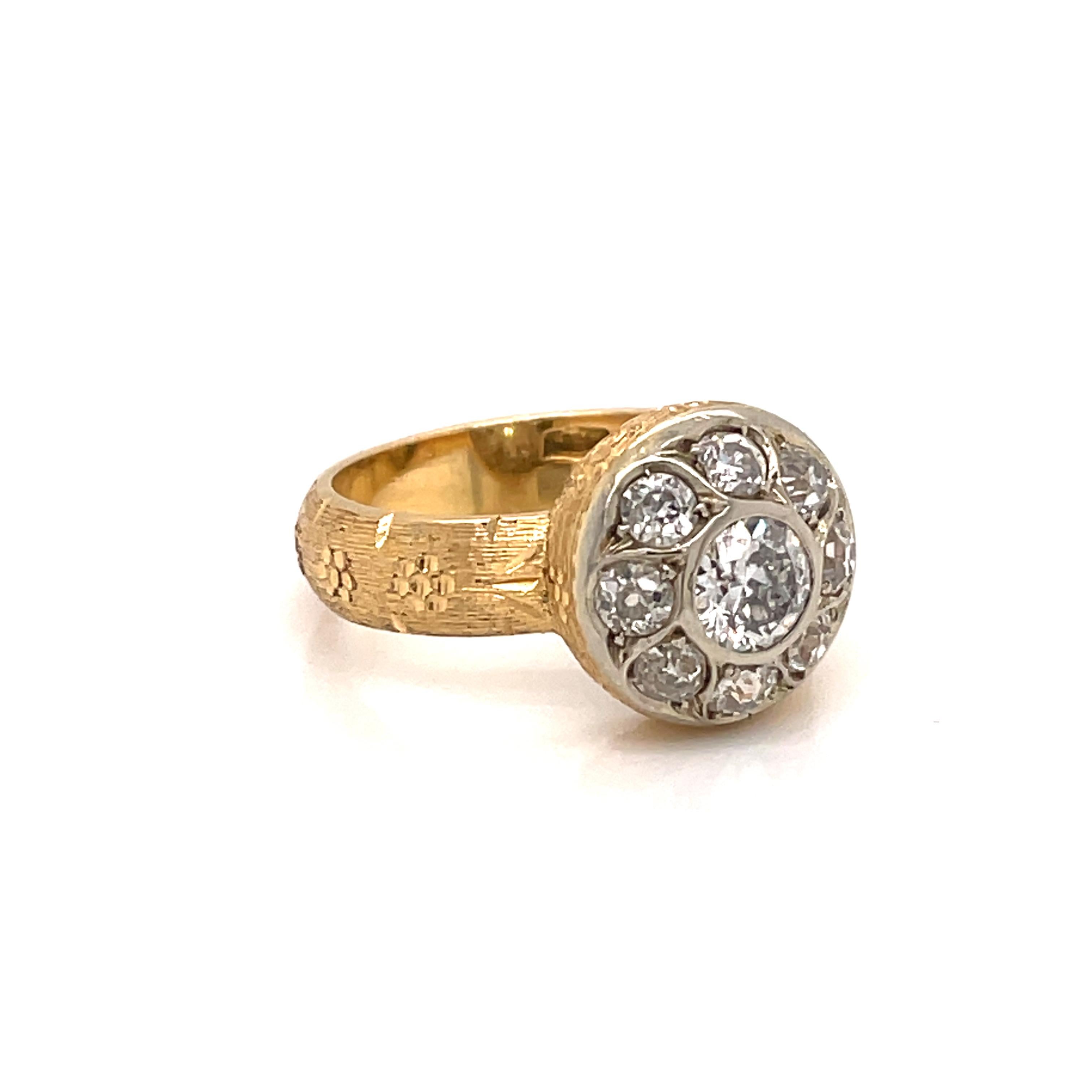 Old European Cut Vintage Florentine Gold Diamond Engraved Ring