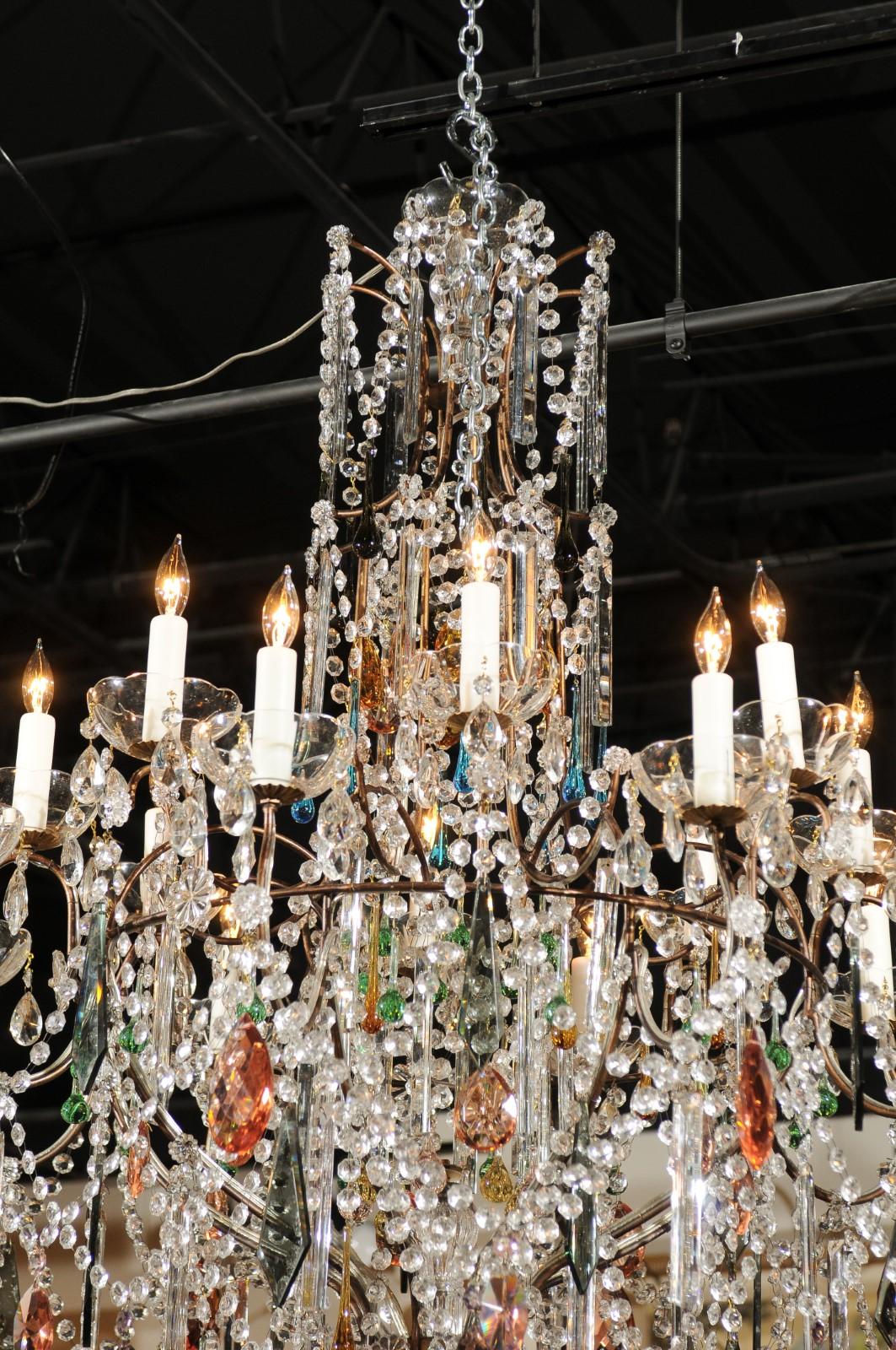 Vintage Florentine Midcentury 16-Light Chandelier Draped with Colorful Crystals 2
