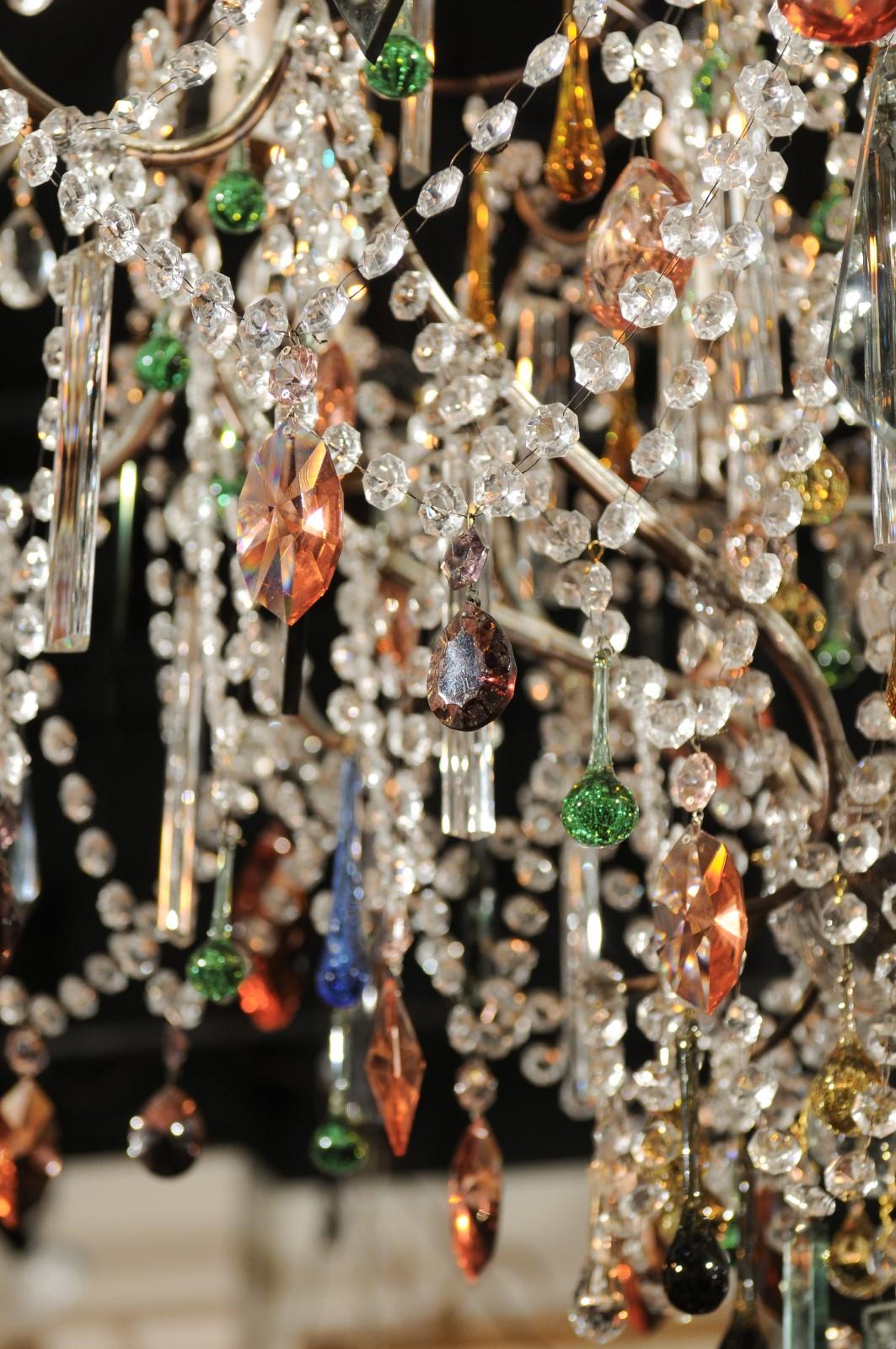 Vintage Florentine Midcentury 16-Light Chandelier Draped with Colorful Crystals 5