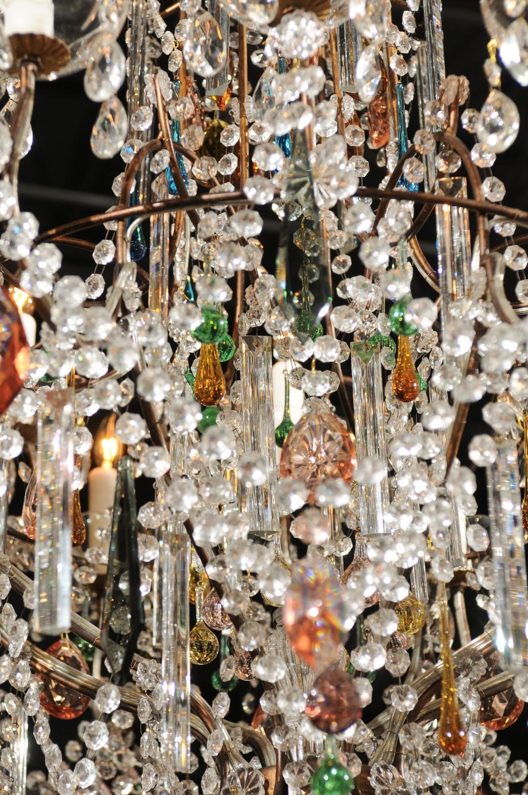 Mid-Century Modern Vintage Florentine Midcentury 16-Light Chandelier Draped with Colorful Crystals