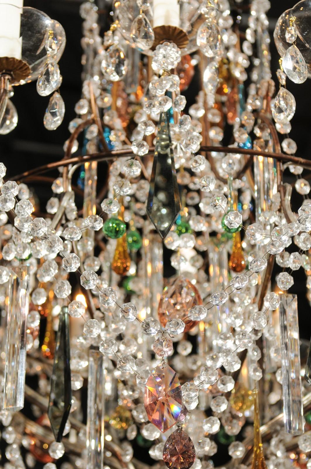 Italian Vintage Florentine Midcentury 16-Light Chandelier Draped with Colorful Crystals