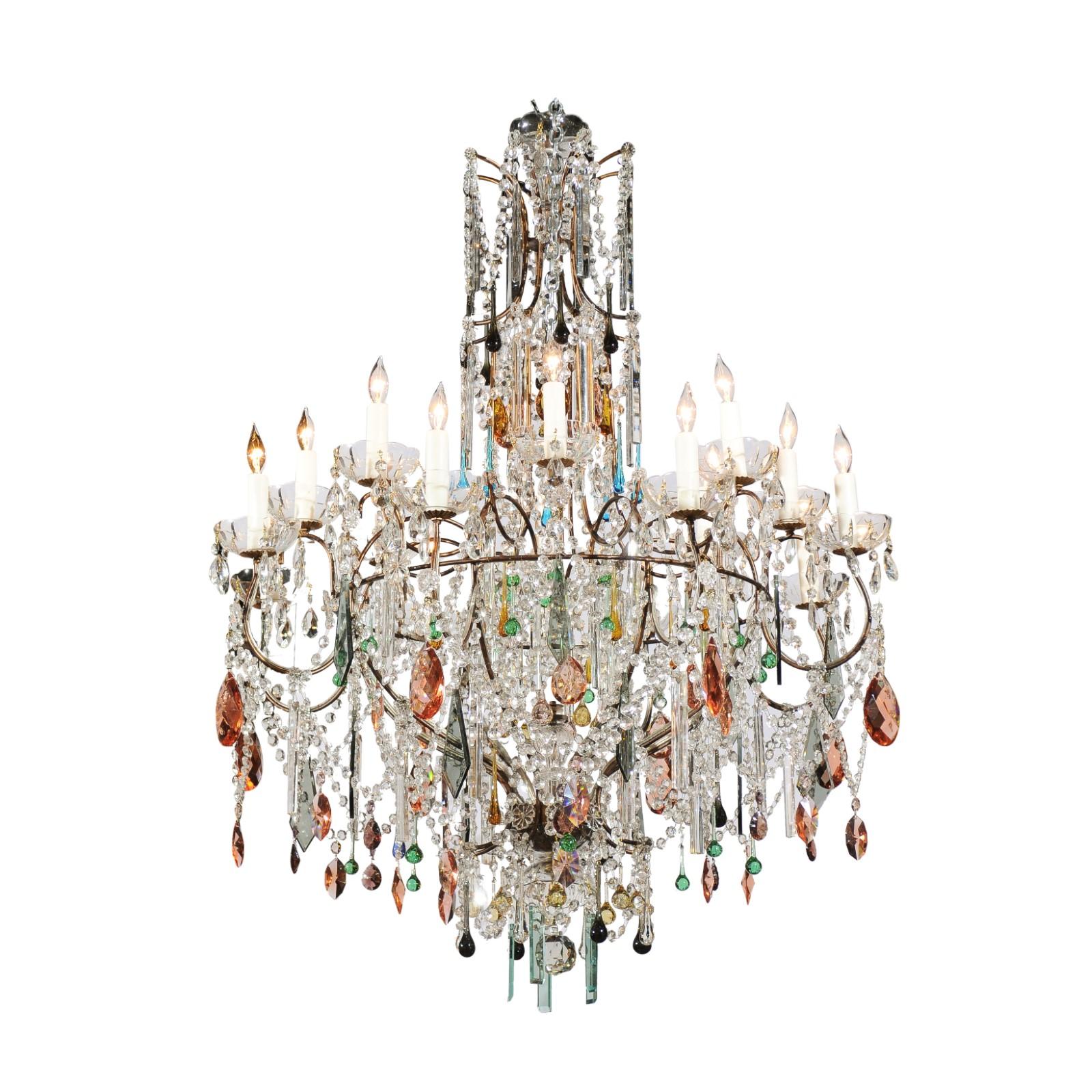 Vintage Florentine Midcentury 16-Light Chandelier Draped with Colorful Crystals