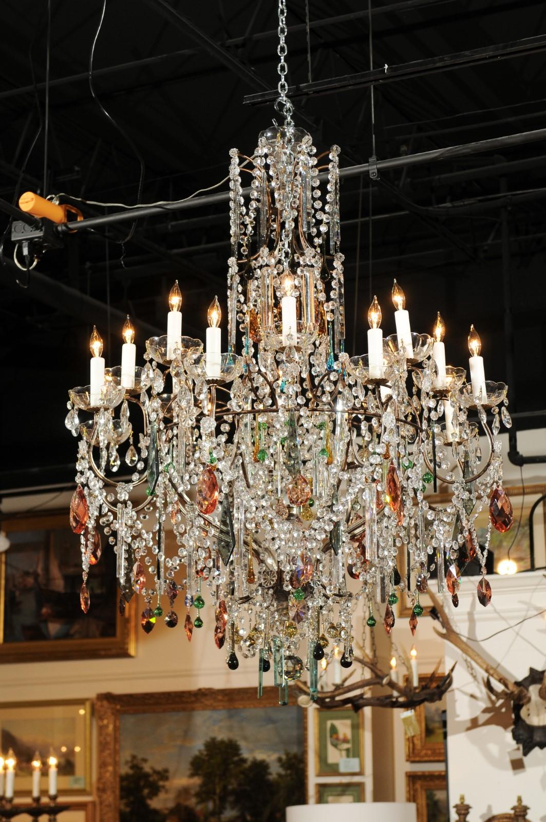Vintage Florentine Midcentury 16-Light Chandelier Draped with Colorful Crystals In Good Condition In Atlanta, GA