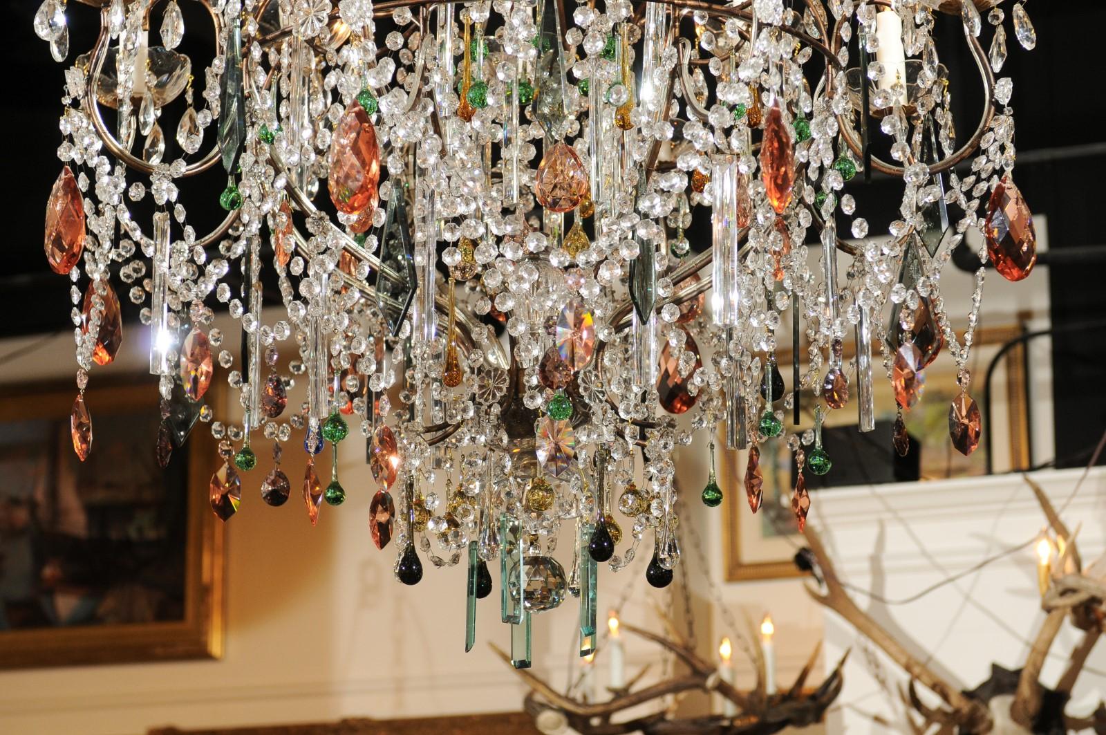 Metal Vintage Florentine Midcentury 16-Light Chandelier Draped with Colorful Crystals