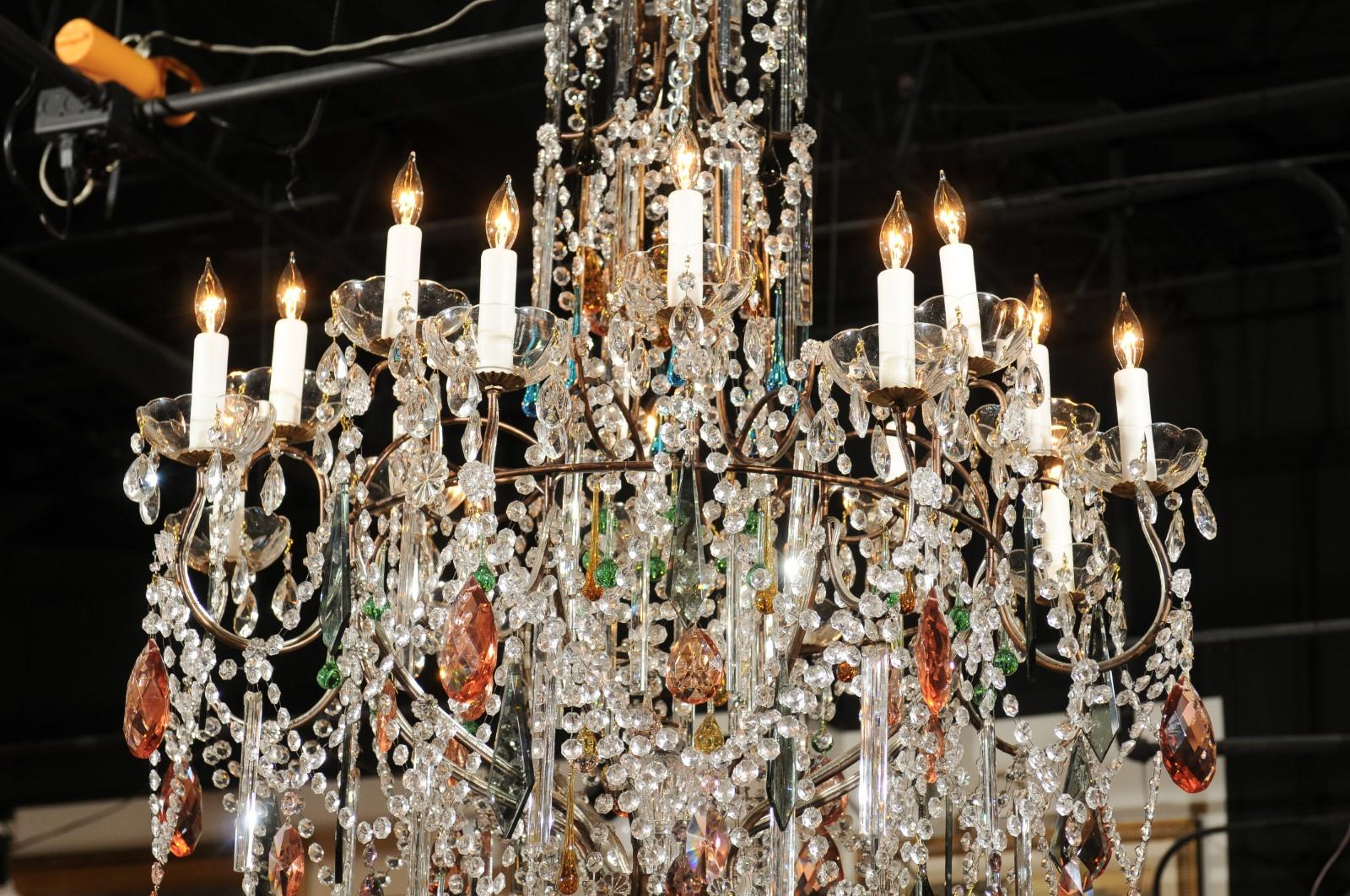 Vintage Florentine Midcentury 16-Light Chandelier Draped with Colorful Crystals 1