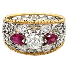 Vintage Florentine Ruby Diamond Engraved Gold Ring
