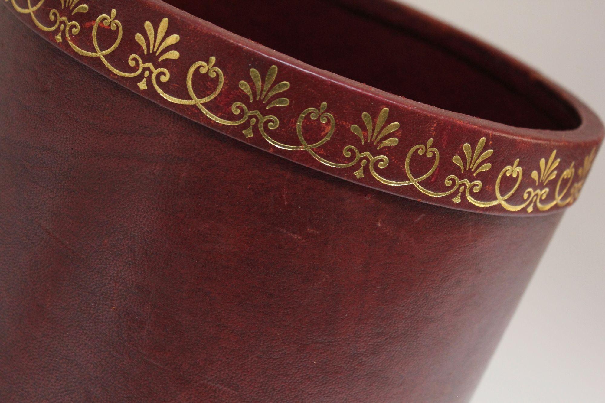 Vintage Florentine Tooled Leather Wastebasket in Burgundy 7