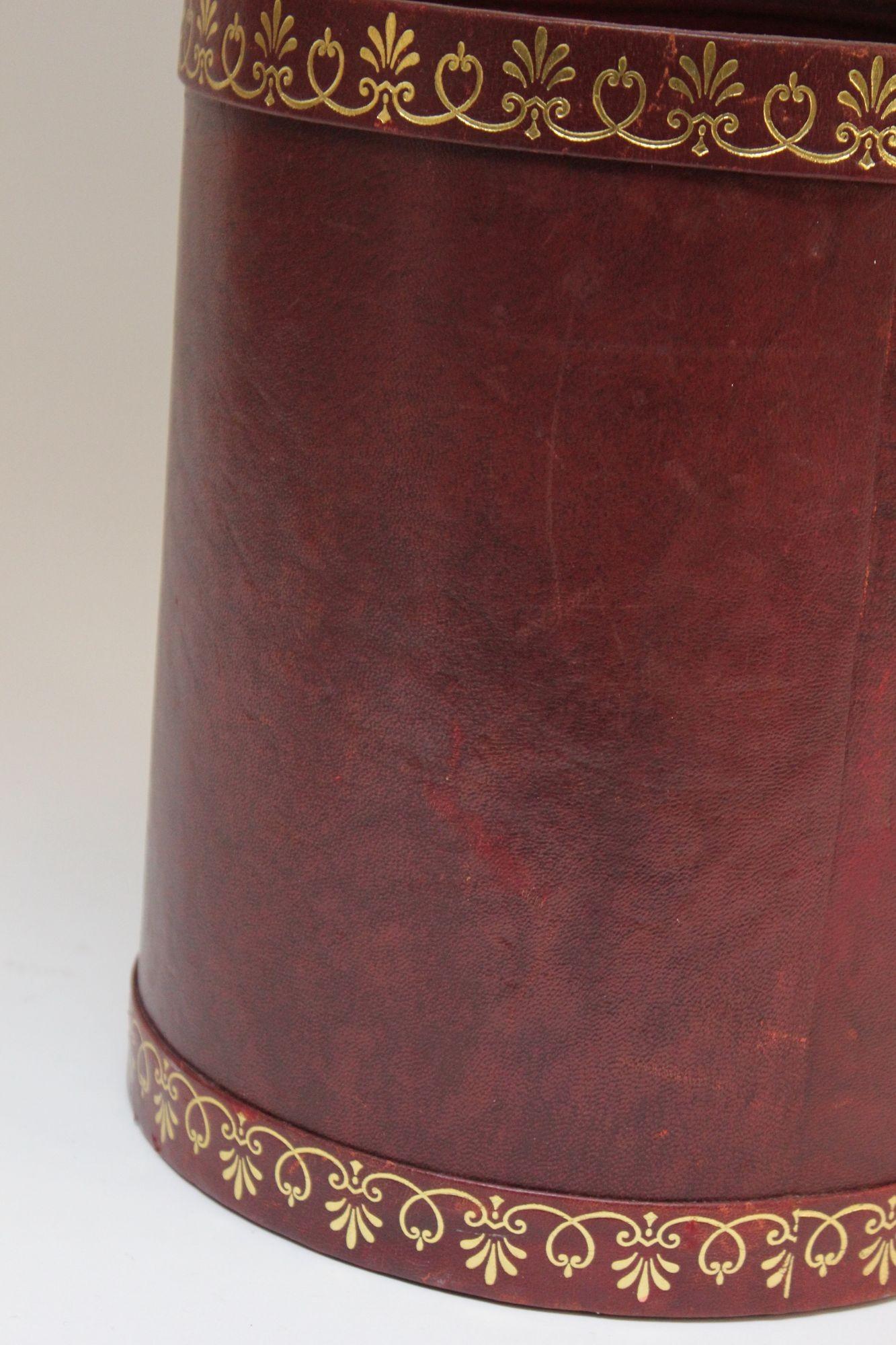 Vintage Florentine Tooled Leather Wastebasket in Burgundy 1