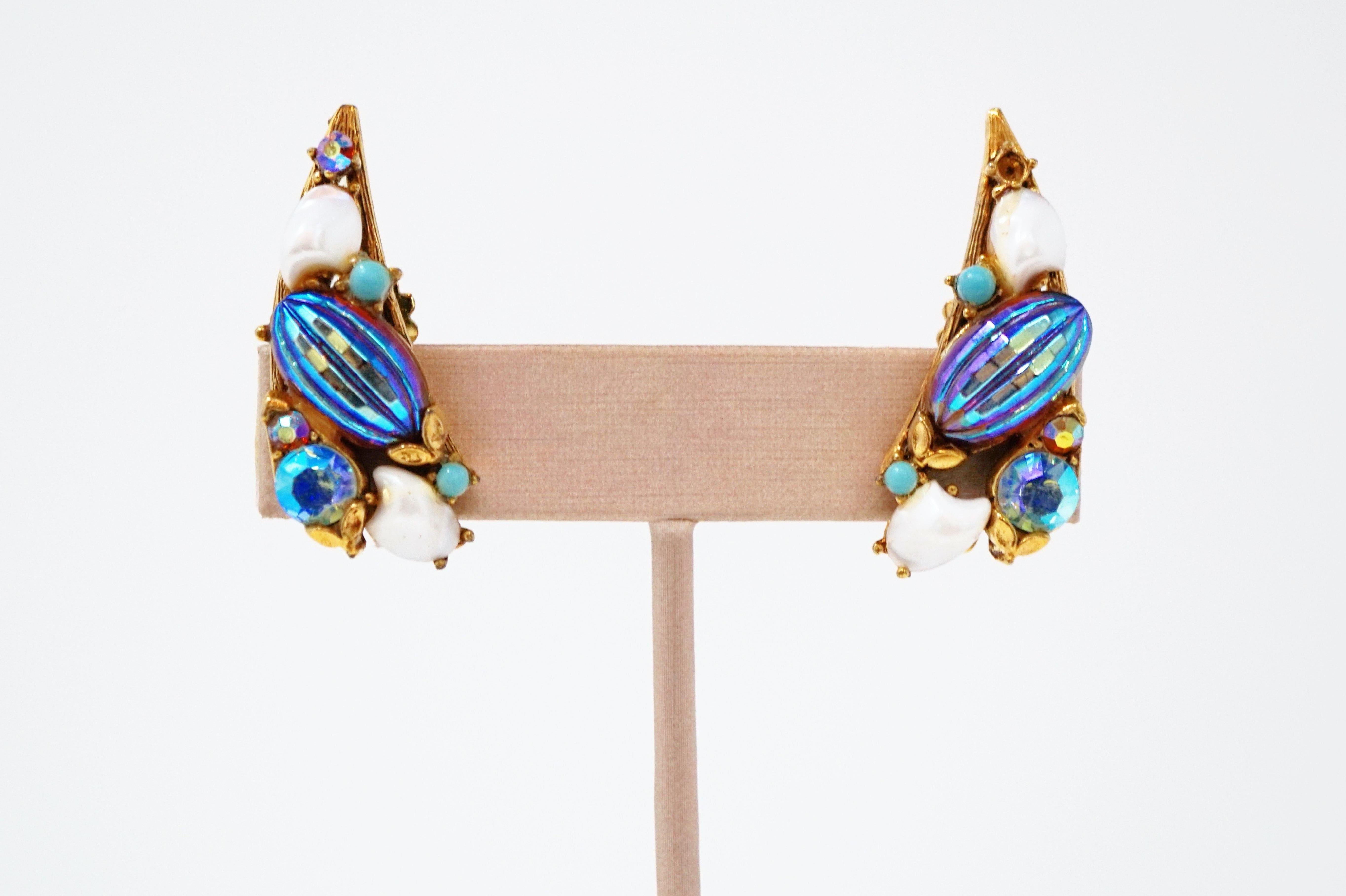 Vintage Florenza Aurora Borealis Bead & Rhinestone Crawler Earrings, circa 1970 9