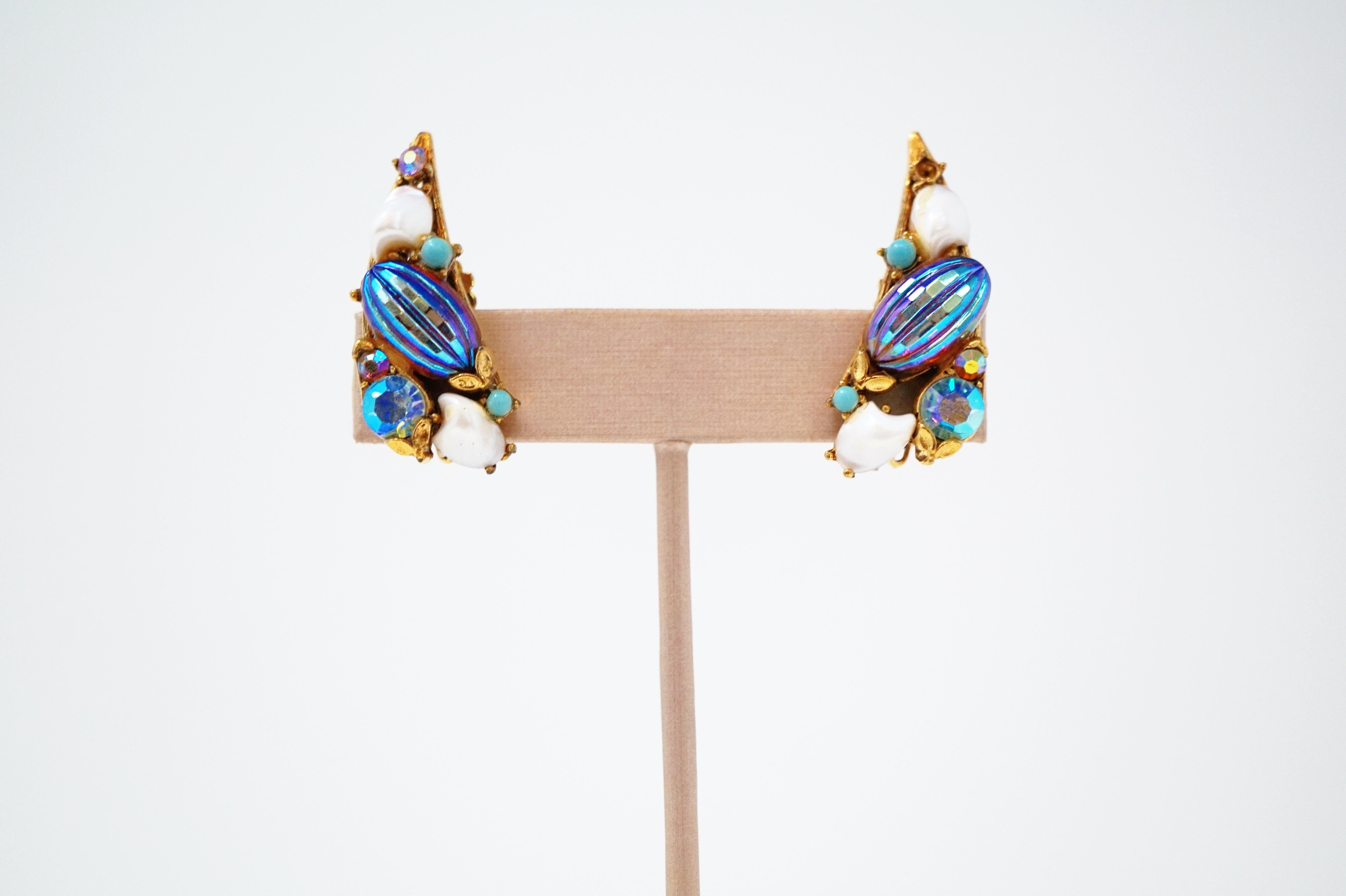 Vintage Florenza Aurora Borealis Bead & Rhinestone Crawler Earrings, circa 1970 11