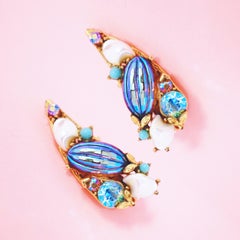 Vintage Florenza Aurora Borealis Bead & Rhinestone Crawler Earrings, circa 1970
