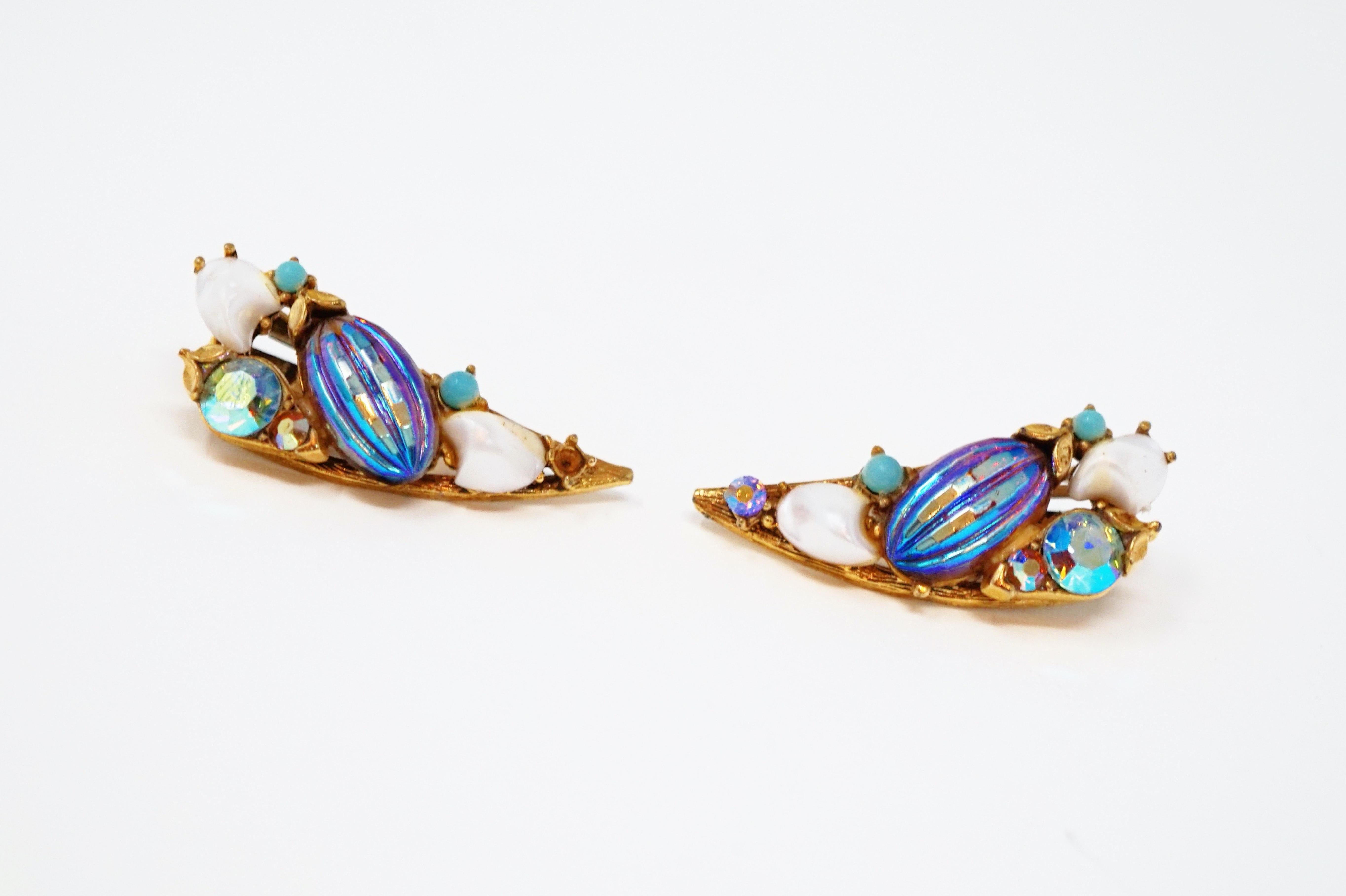 Women's Vintage Florenza Aurora Borealis Bead & Rhinestone Crawler Earrings, circa 1970