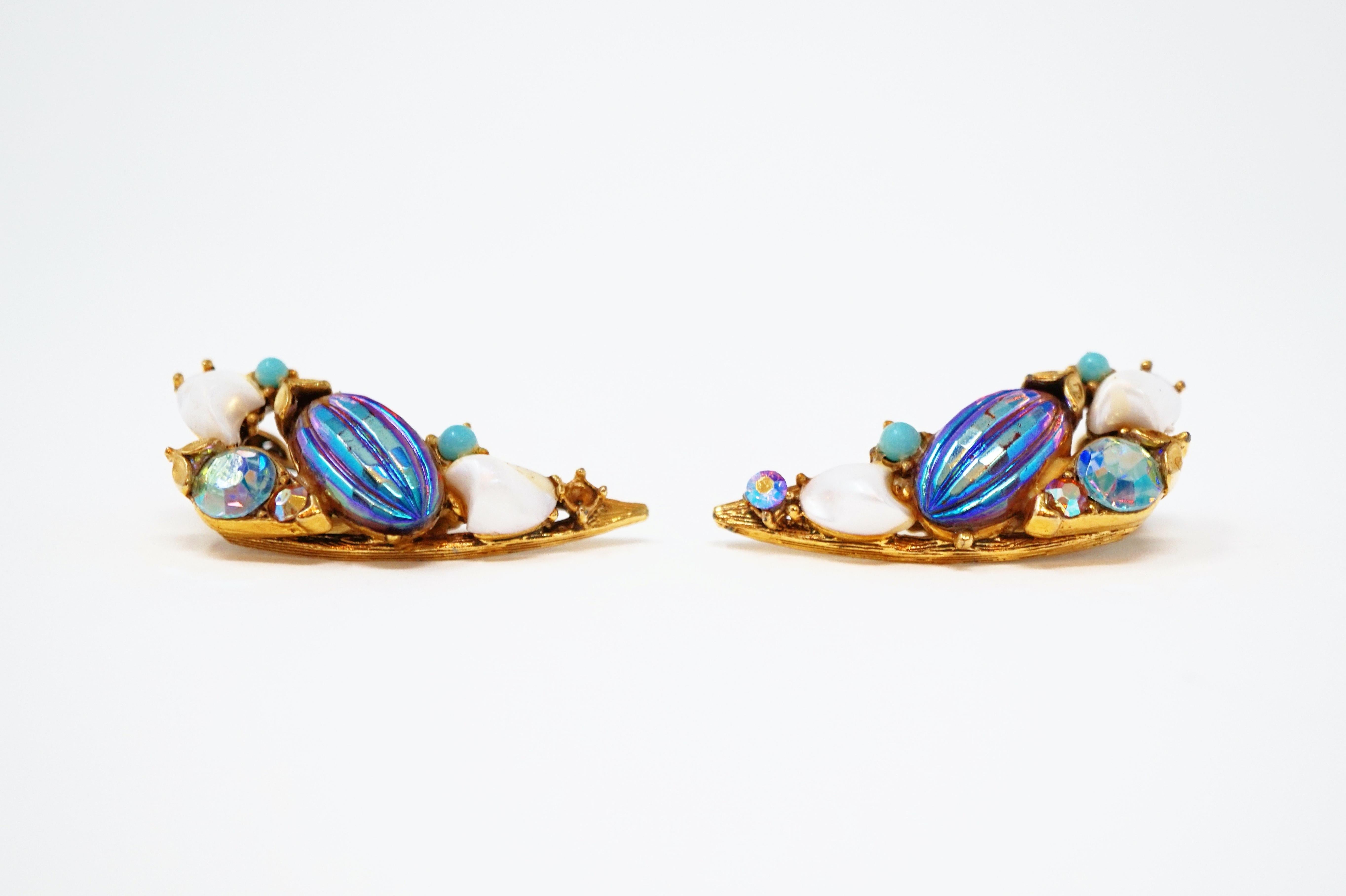 Vintage Florenza Aurora Borealis Bead & Rhinestone Crawler Earrings, circa 1970 1