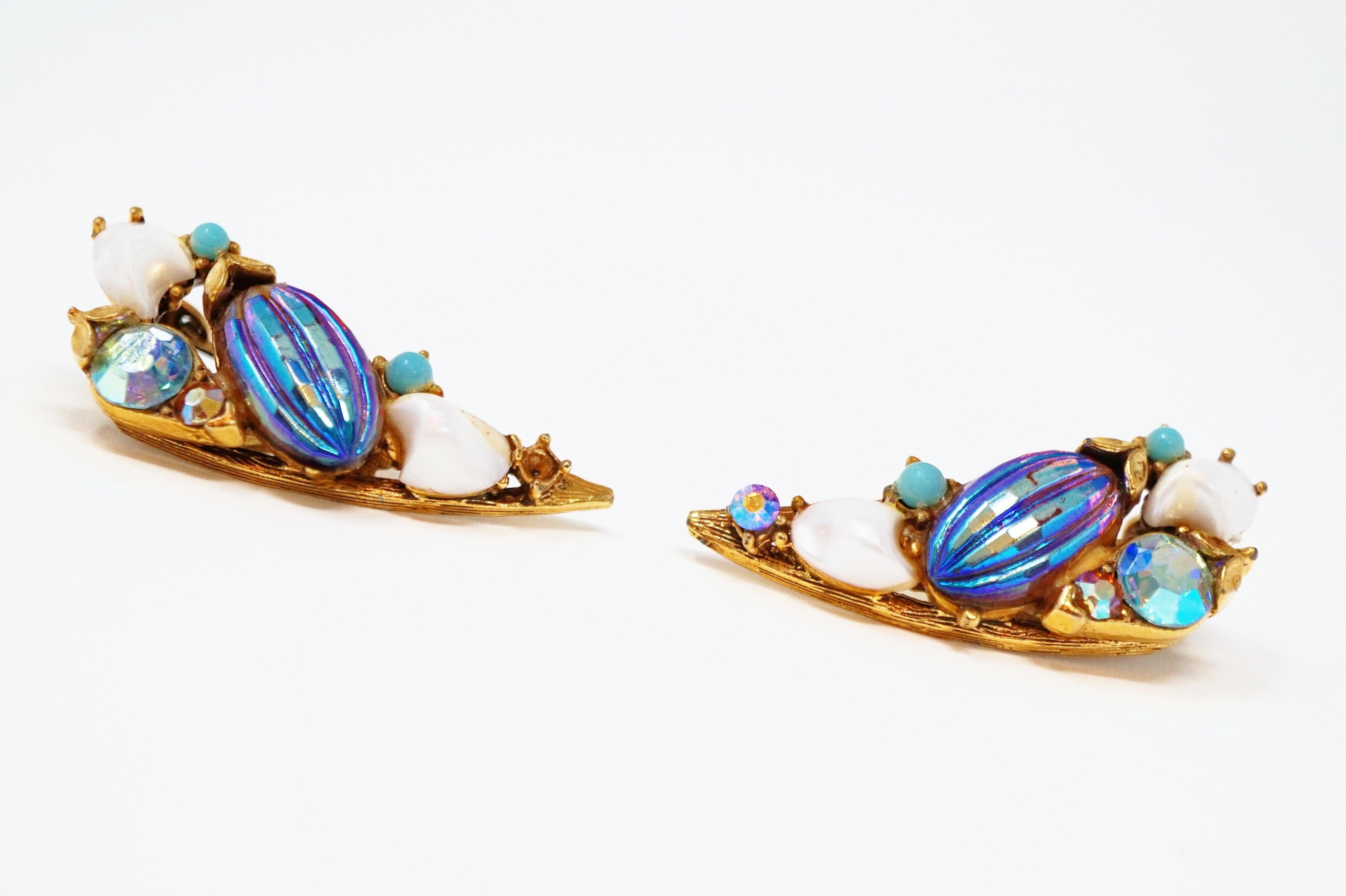 Vintage Florenza Aurora Borealis Bead & Rhinestone Crawler Earrings, circa 1970 2