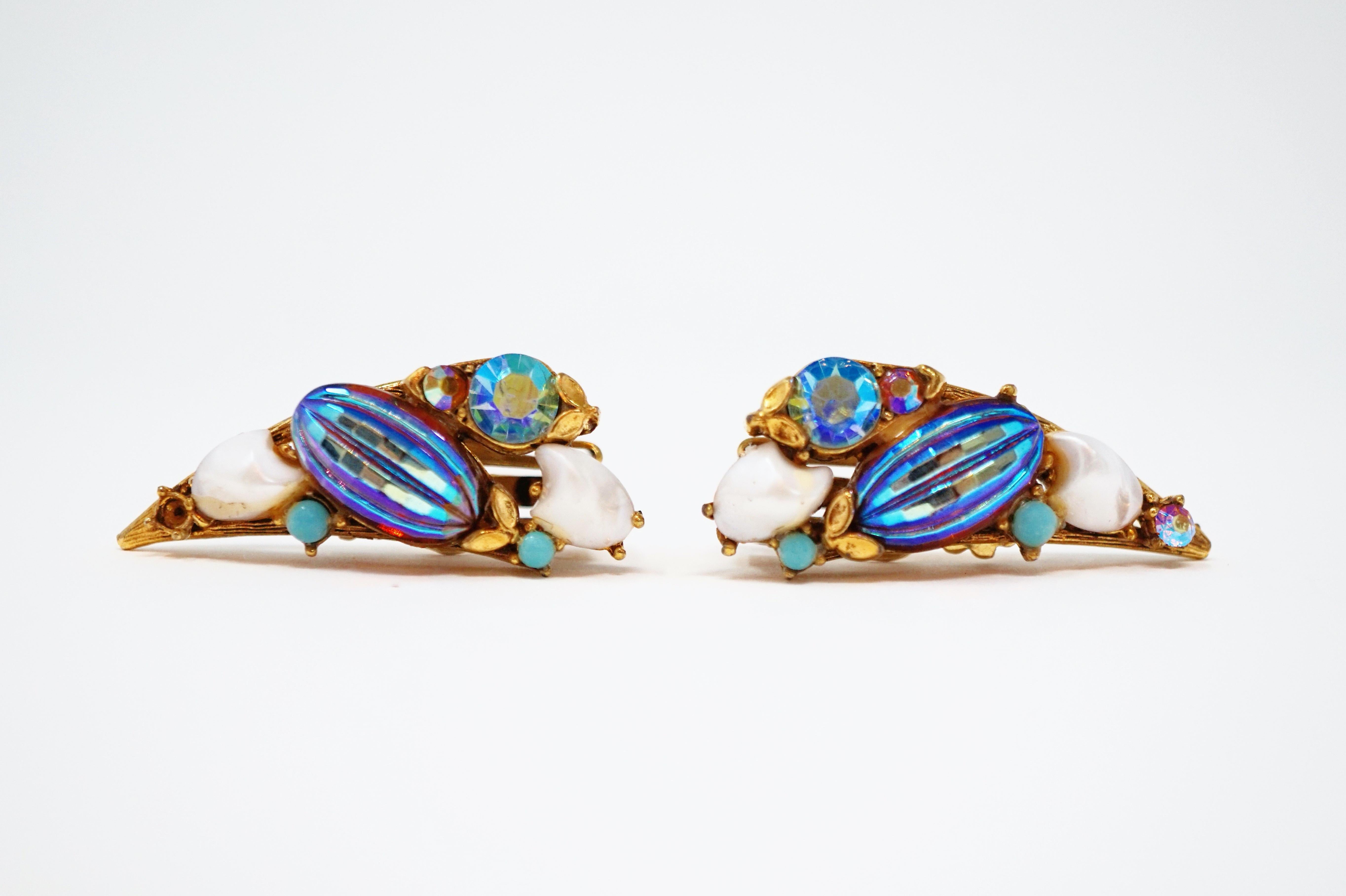 Vintage Florenza Aurora Borealis Bead & Rhinestone Crawler Earrings, circa 1970 3
