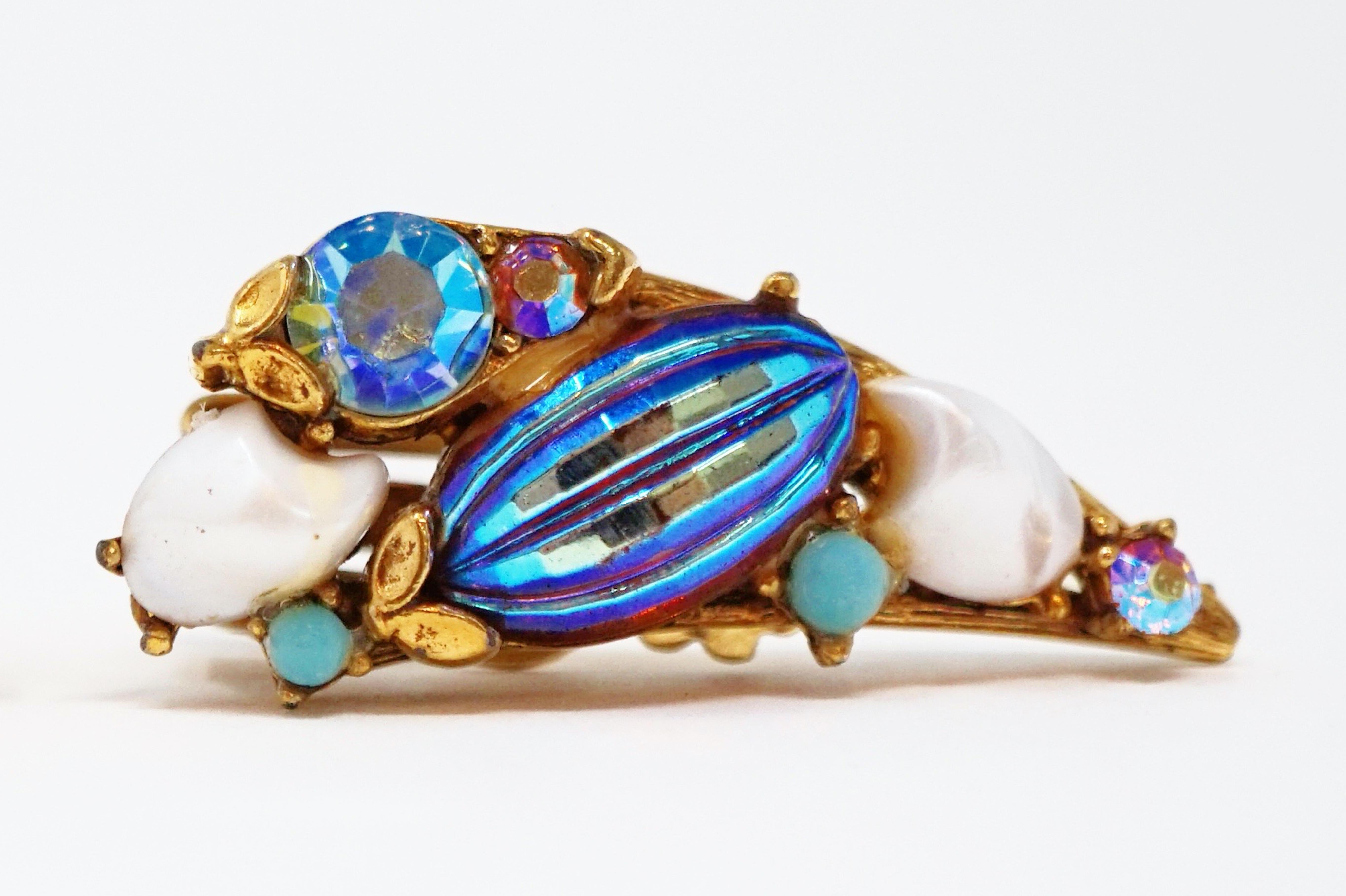 Vintage Florenza Aurora Borealis Bead & Rhinestone Crawler Earrings, circa 1970 4