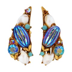 Vintage Florenza Aurora Borealis Bead & Rhinestone Crawler Earrings:: circa 1970