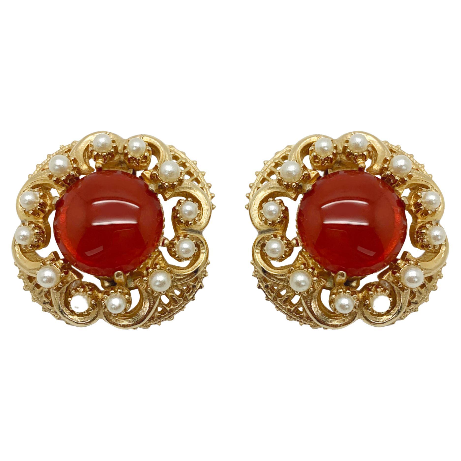 Vintage Florenza Carnelian Cabochon & Pearl Earrings 1960s For Sale