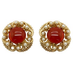 Retro Florenza Carnelian Cabochon & Pearl Earrings 1960s