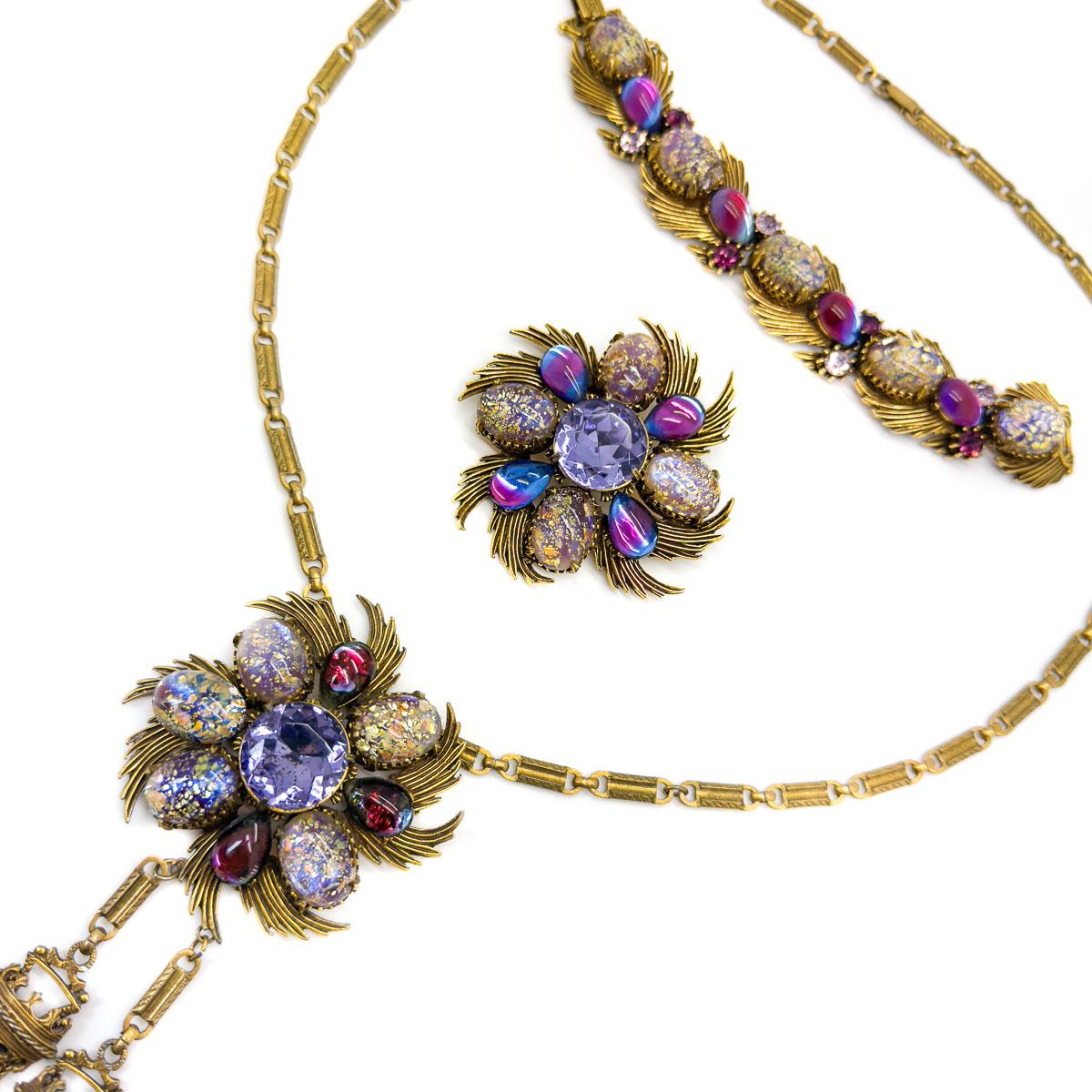 Vintage Florenza Dragons Breath 3pc Parure Necklace Brooch Bracelet 1960s Rare For Sale 1