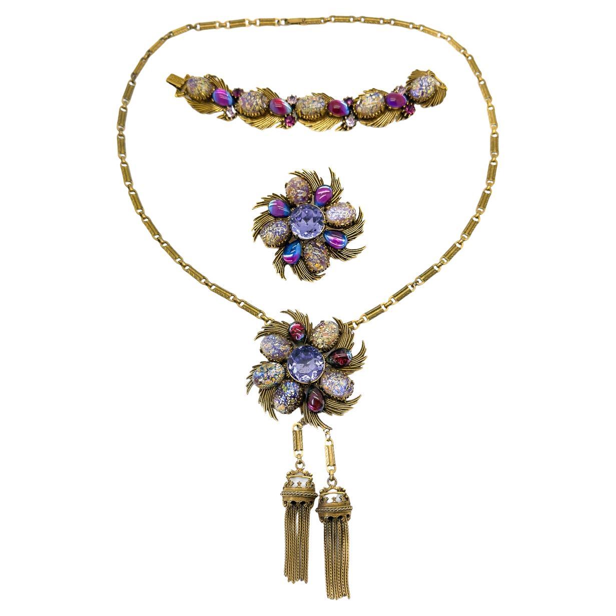 Vintage Florenza Dragons Breath 3pc Parure Necklace Brooch Bracelet 1960s Rare For Sale