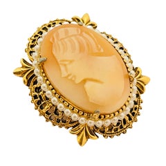 Vintage FLORENZA gold cameo pearl designer brooch pendant