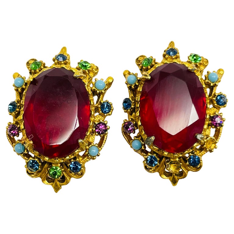Vintage FLORENZA gold red glass designer runway clip on earrings For
