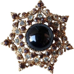 Vintage Florenza Starburst Brooch with Black Cabochon & Amber Rhinestones