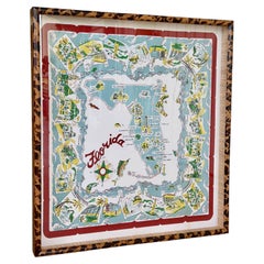 Tischdecke mit Vintage-Karte von Florida, individuell gerahmt mit Rattan in Schildpattoptik und Grasgewebe