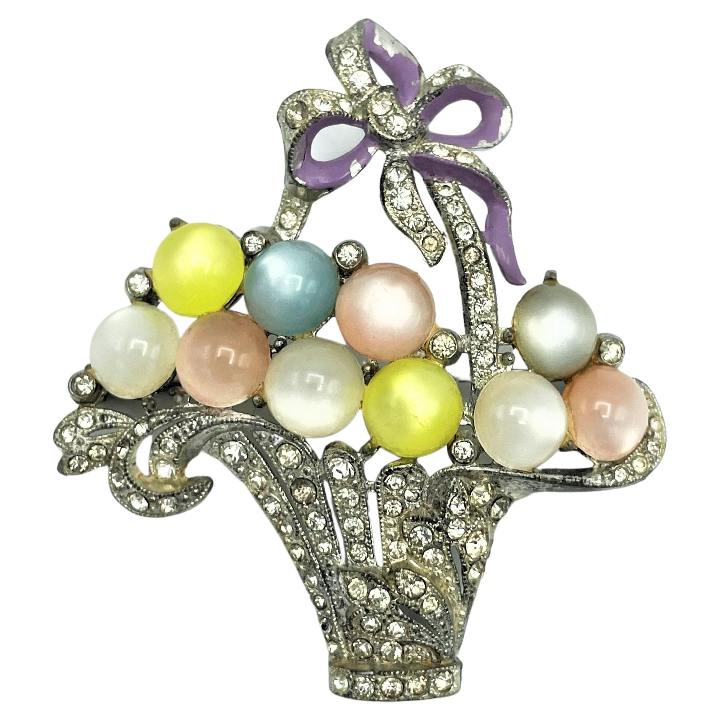 Vintage flower basket brooch rhinestones, rhodium, moonstones  USA late 1930s 