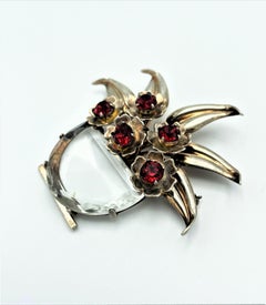 Vintage flower basket brooch, sterling silver, gilded, large rhinestone, 1940s