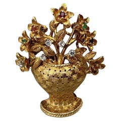 Vintage Flower Basket Brooch with Diamonds in 18k Yellow Gold