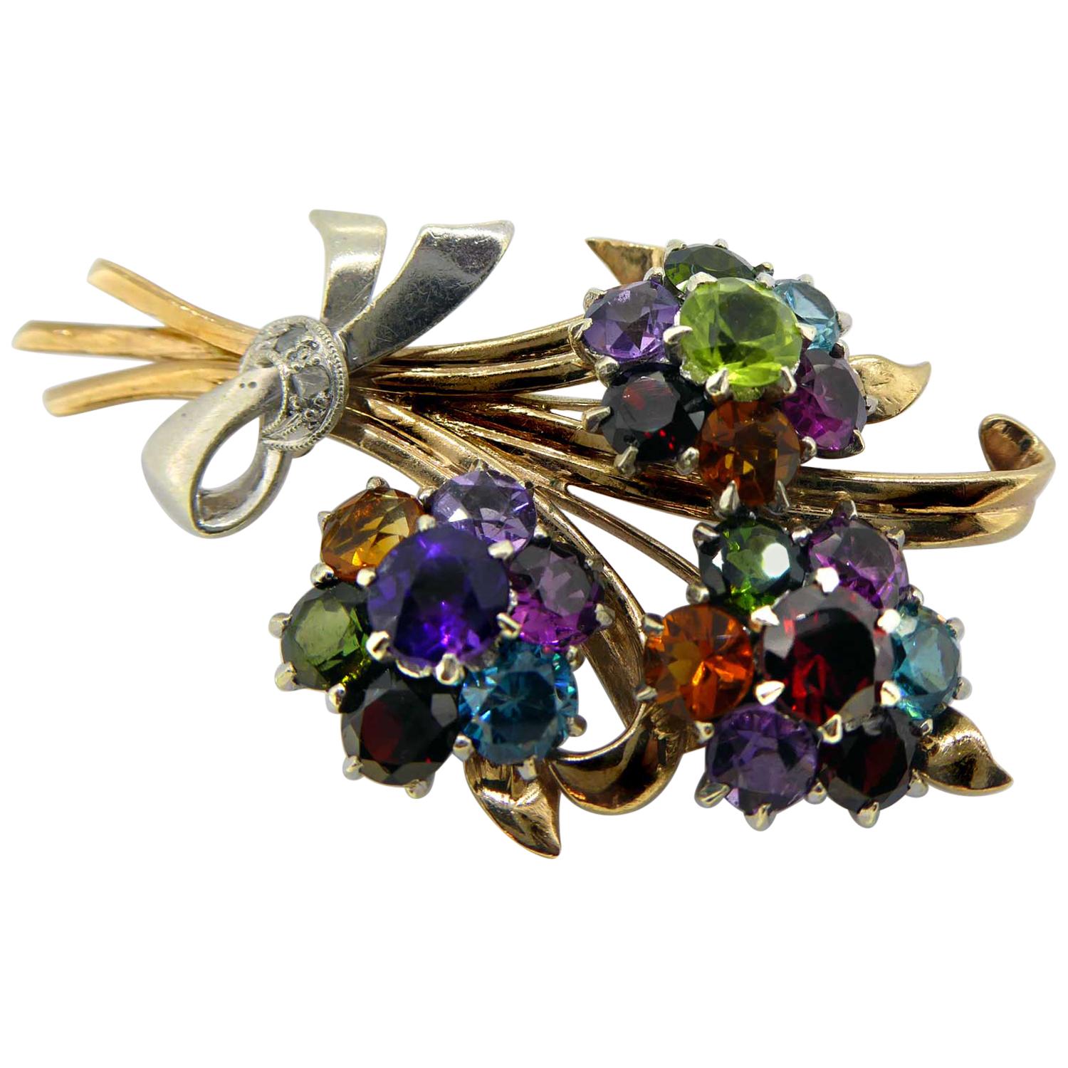 Vintage Flower Bouquet Brooch in Yellow and White Gold, Semi-Precious Gemstones