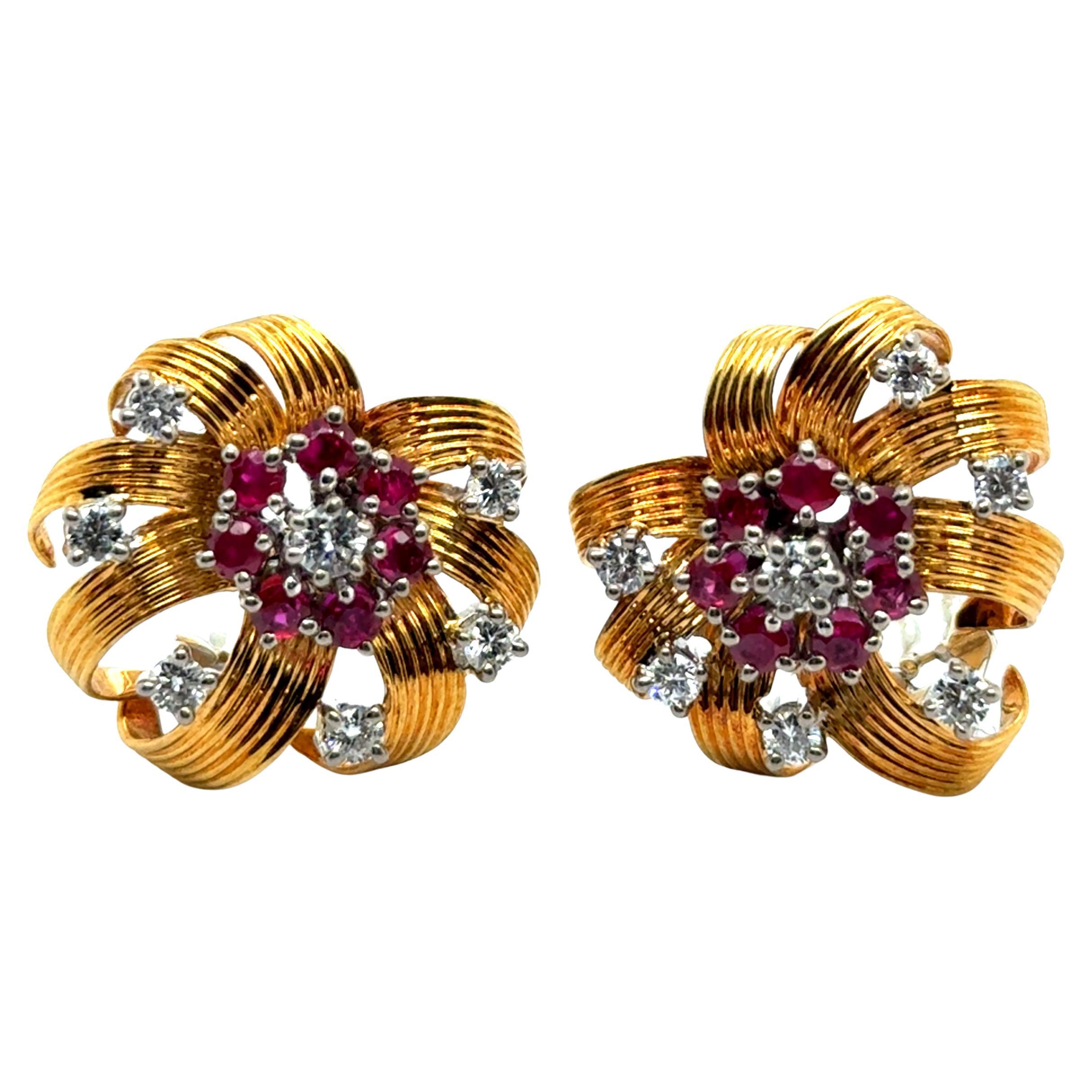 Vintage Flower Clip-on Earrings in 18 Karat Gold with Rubies and Diamonds