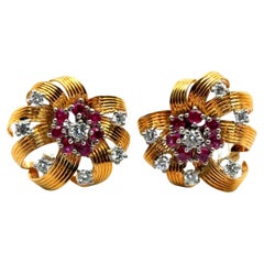 Vintage Flower Clip-on Earrings in 18 Karat Gold with Rubies and Diamonds