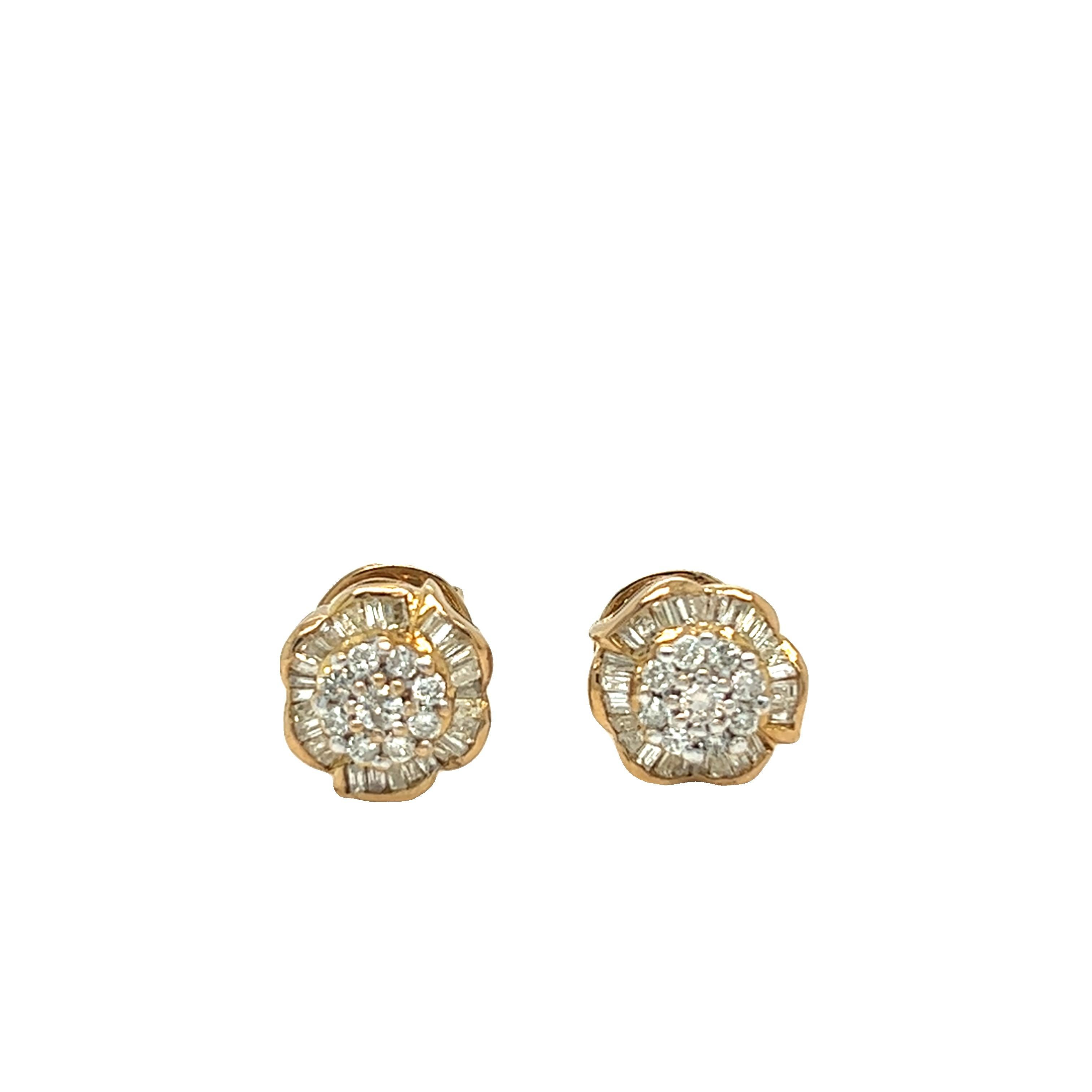 Just the right amount of sparkles, these vintage flower inspired stud earrings feature 18 round brilliant cut diamonds and fifty six baguette cut diamonds, weighing approximately 2.50 carats total. Push Backs.

Gemstone: Diamond
Weight: 2.50 carats