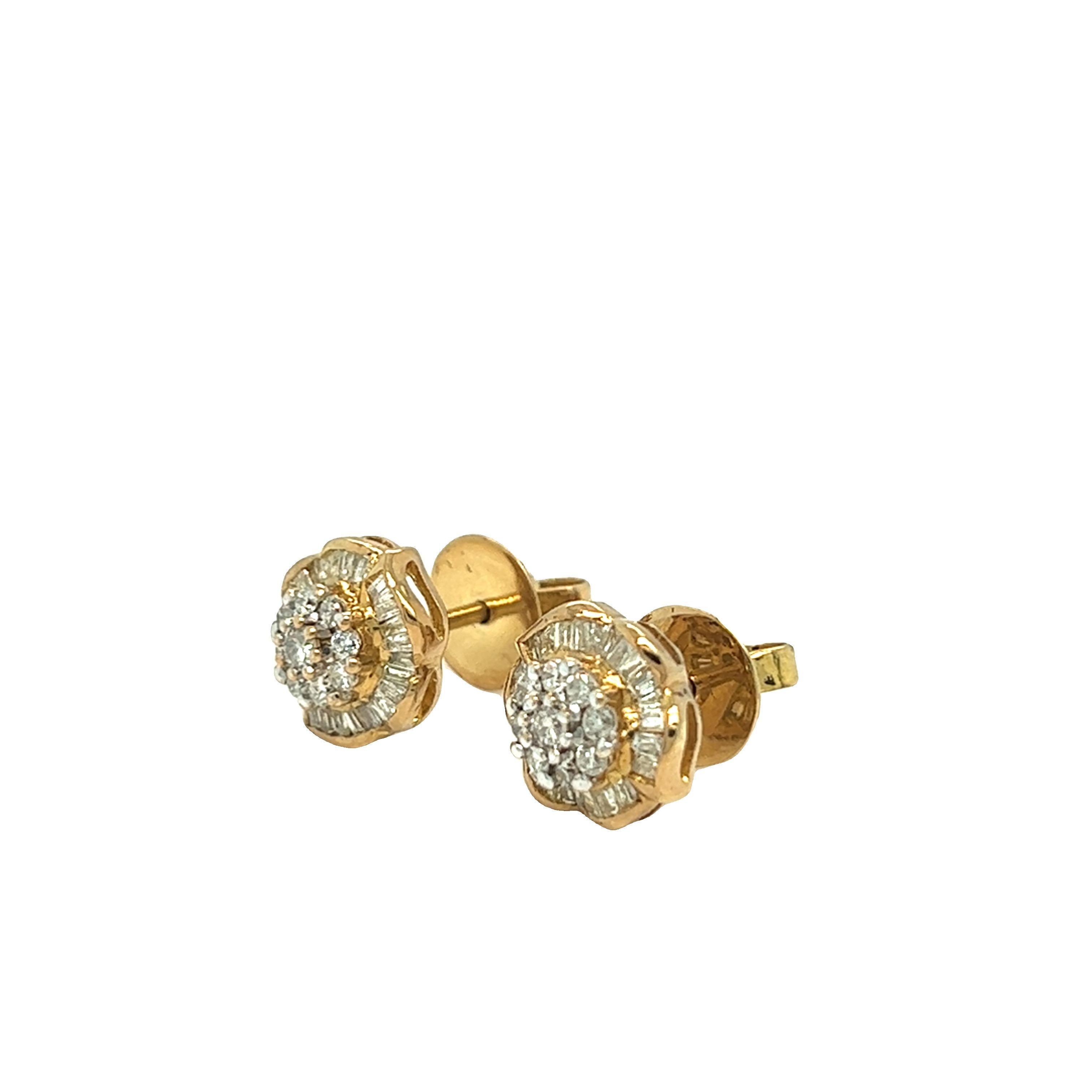 Round Cut Vintage Flower Cluster Round and Baguette Diamond Earrings 14k Yellow Gold