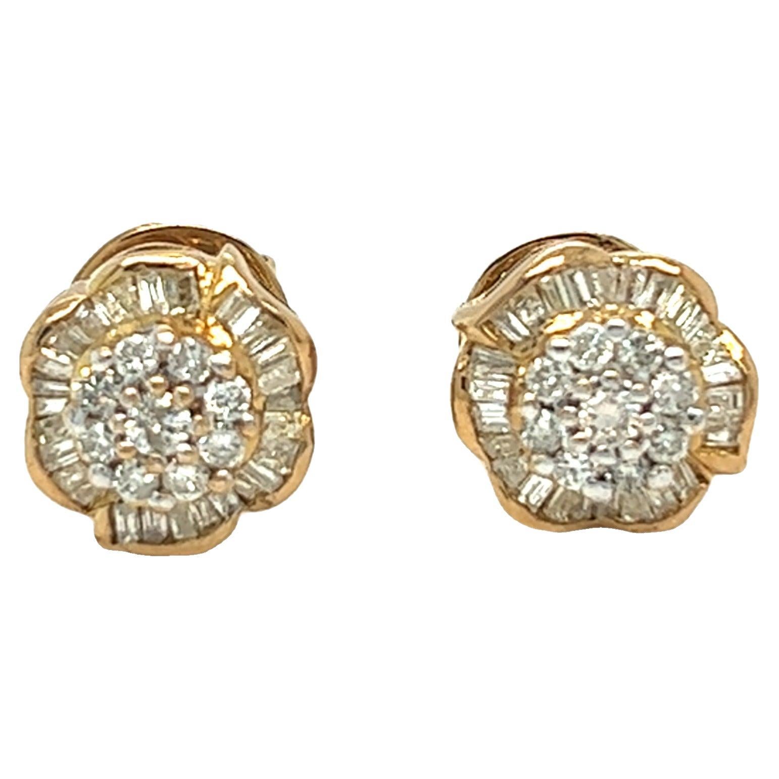 Vintage Flower Cluster Round and Baguette Diamond Earrings 14k Yellow Gold