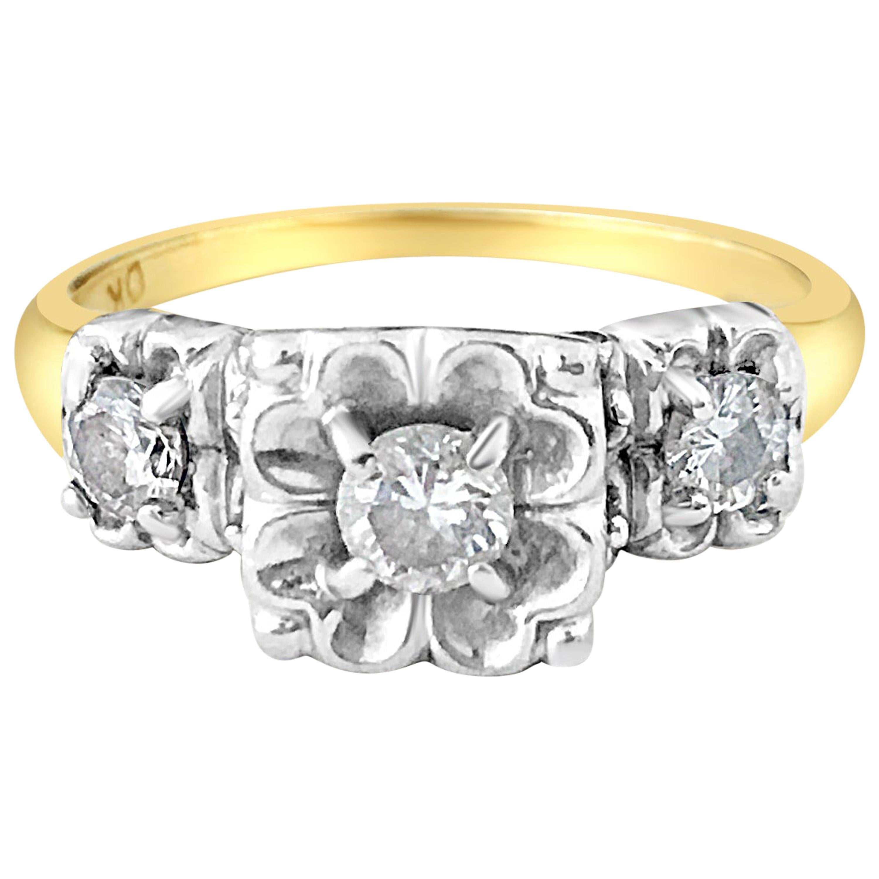 Vintage Flower Design 0.37 Carat Diamond Gold Engagement Ring For Sale