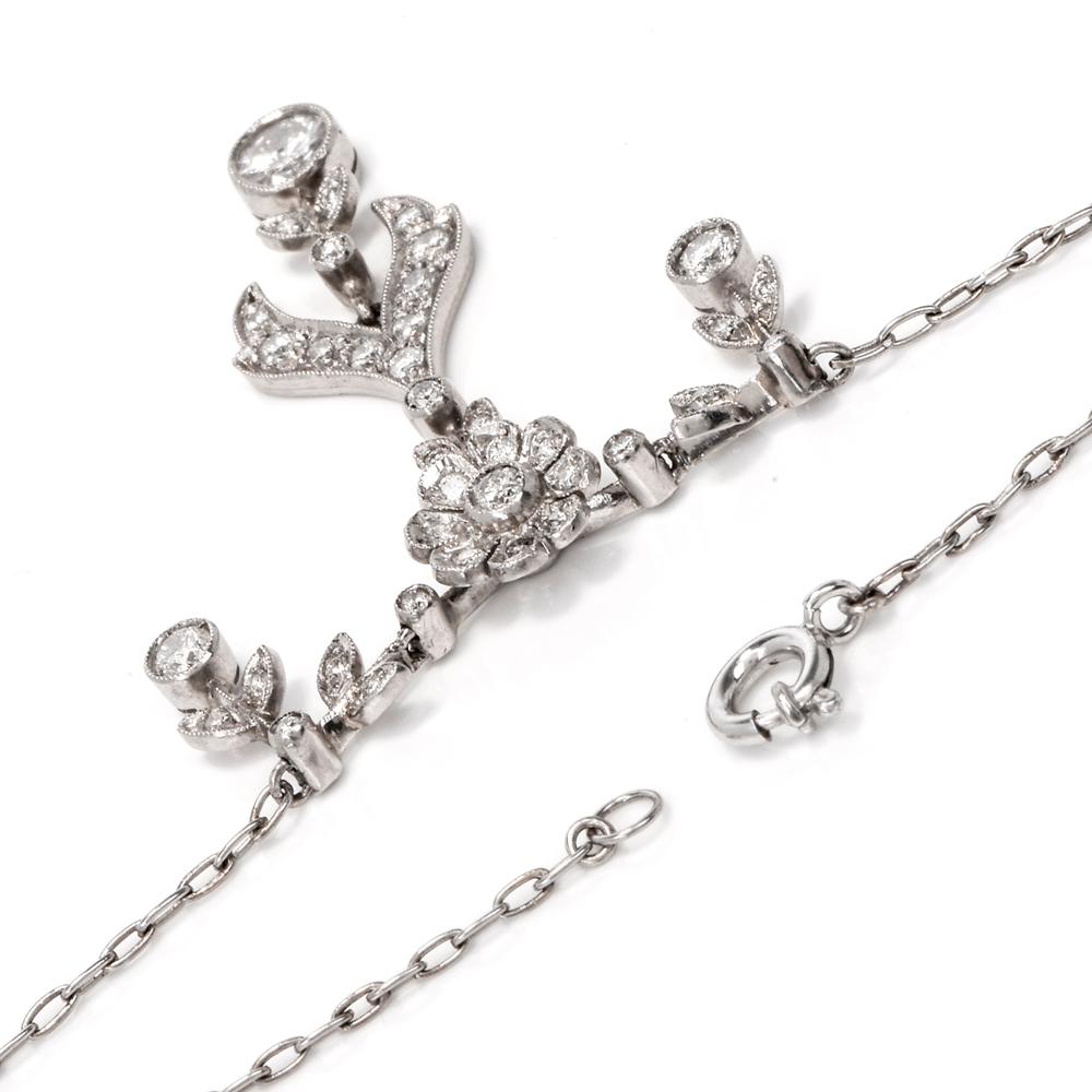 Women's Vintage Flower Diamond Platinum Chain Necklace