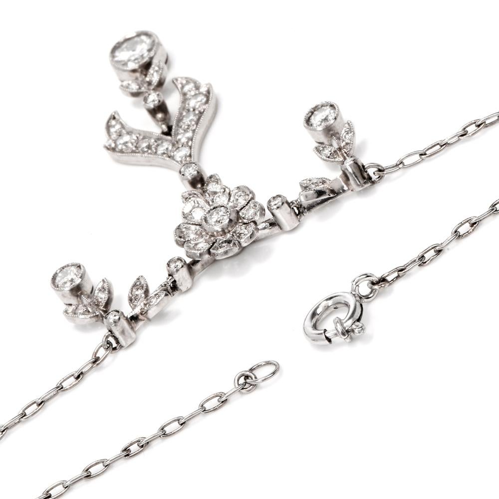 Vintage Flower Diamond Platinum Chain Necklace 1