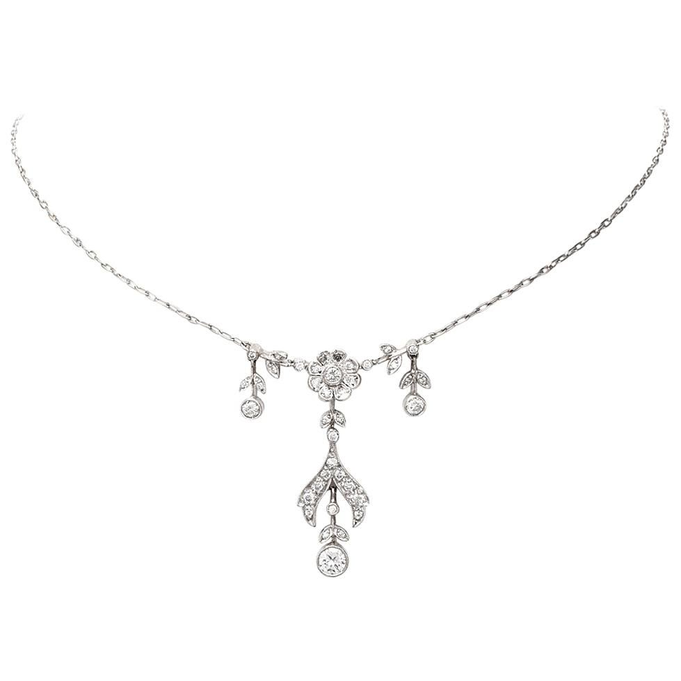 Vintage Flower Diamond Platinum Chain Necklace